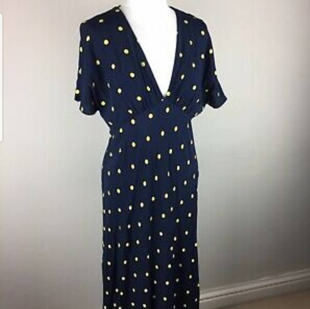 Zara - midi navy dress w/yellow polka dots